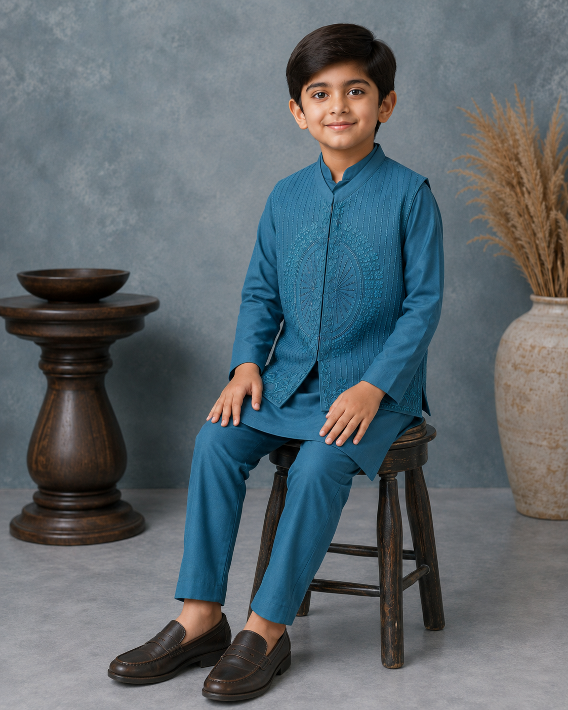Teal Blue Embroidered Waistcoat Set with Matching Kurta Pajama