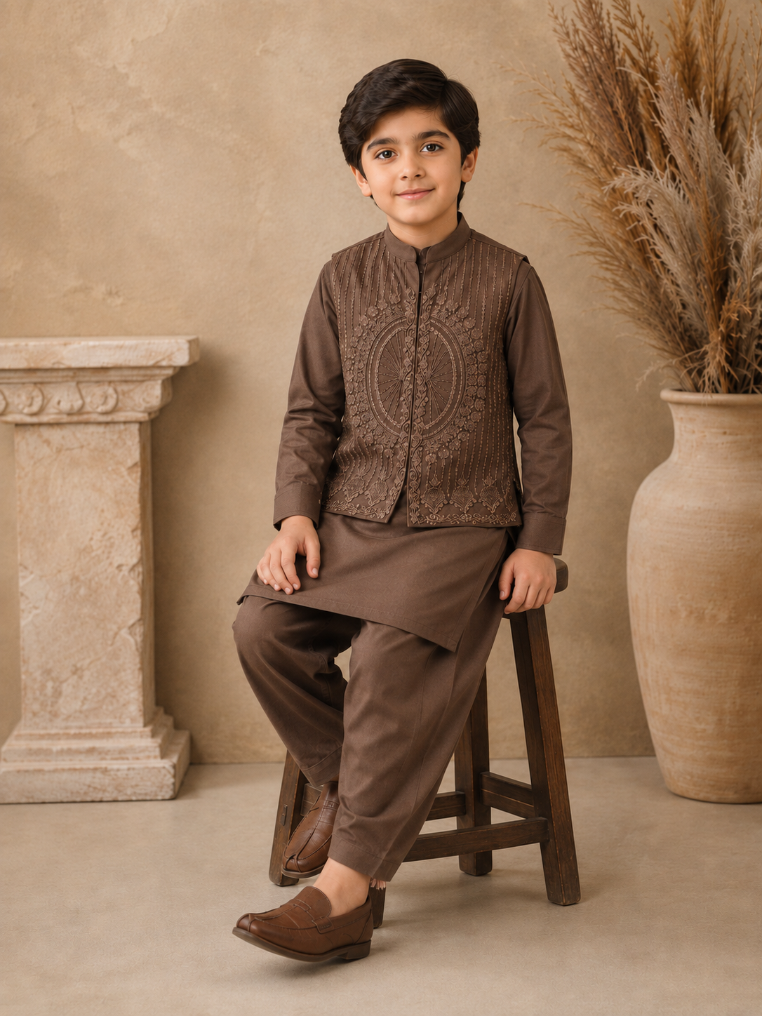 Mocha Brown Embroidered Waistcoat Set with Matching Kurta Pajama