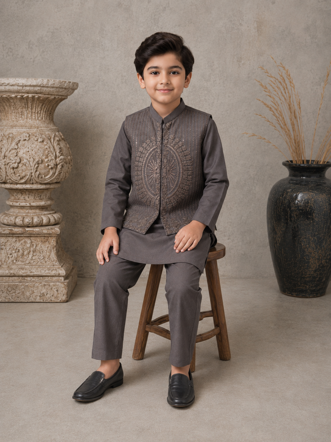Smoky Taupe Embroidered Waistcoat Set with Matching Kurta Pajama