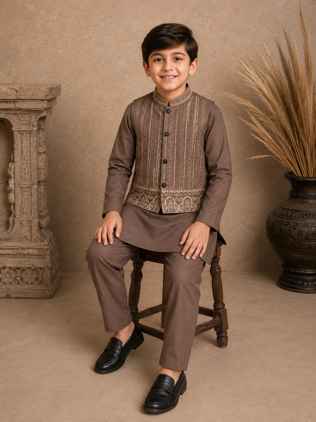 Mughal Medallion Embroidered Waistcoat Set with Matching Kurta Pajama