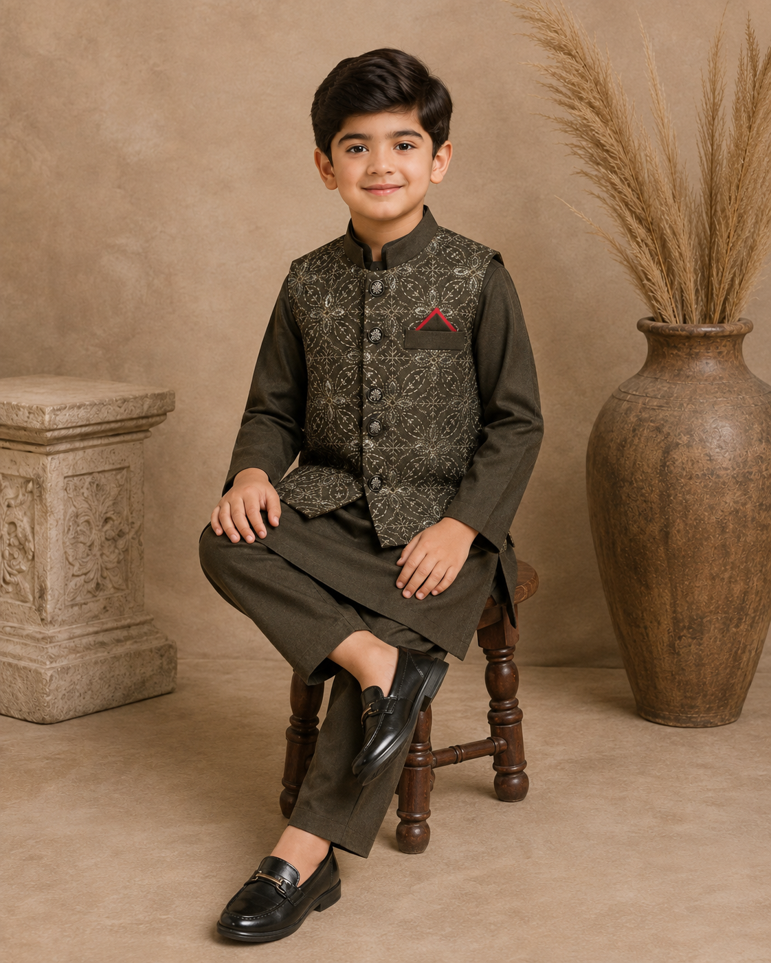 Royal Crest Embroidered Waistcoat Set With 3 Piece Kurta Pajama