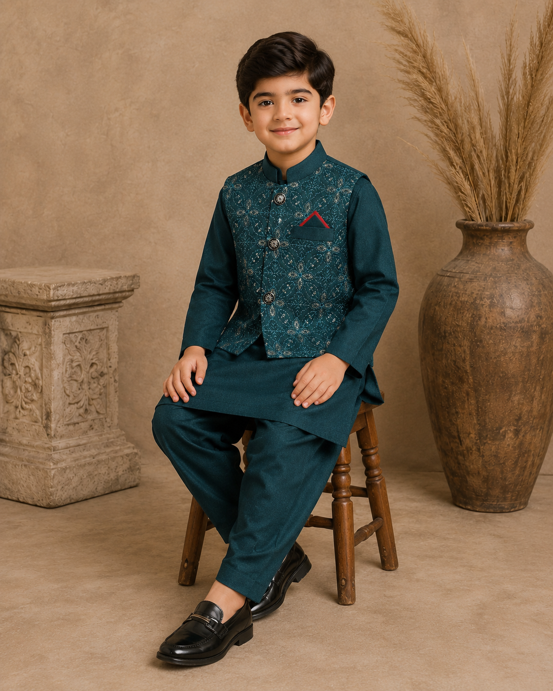 Royal Crest Embroidered Waistcoat Set With 3 Piece Kurta Pajama