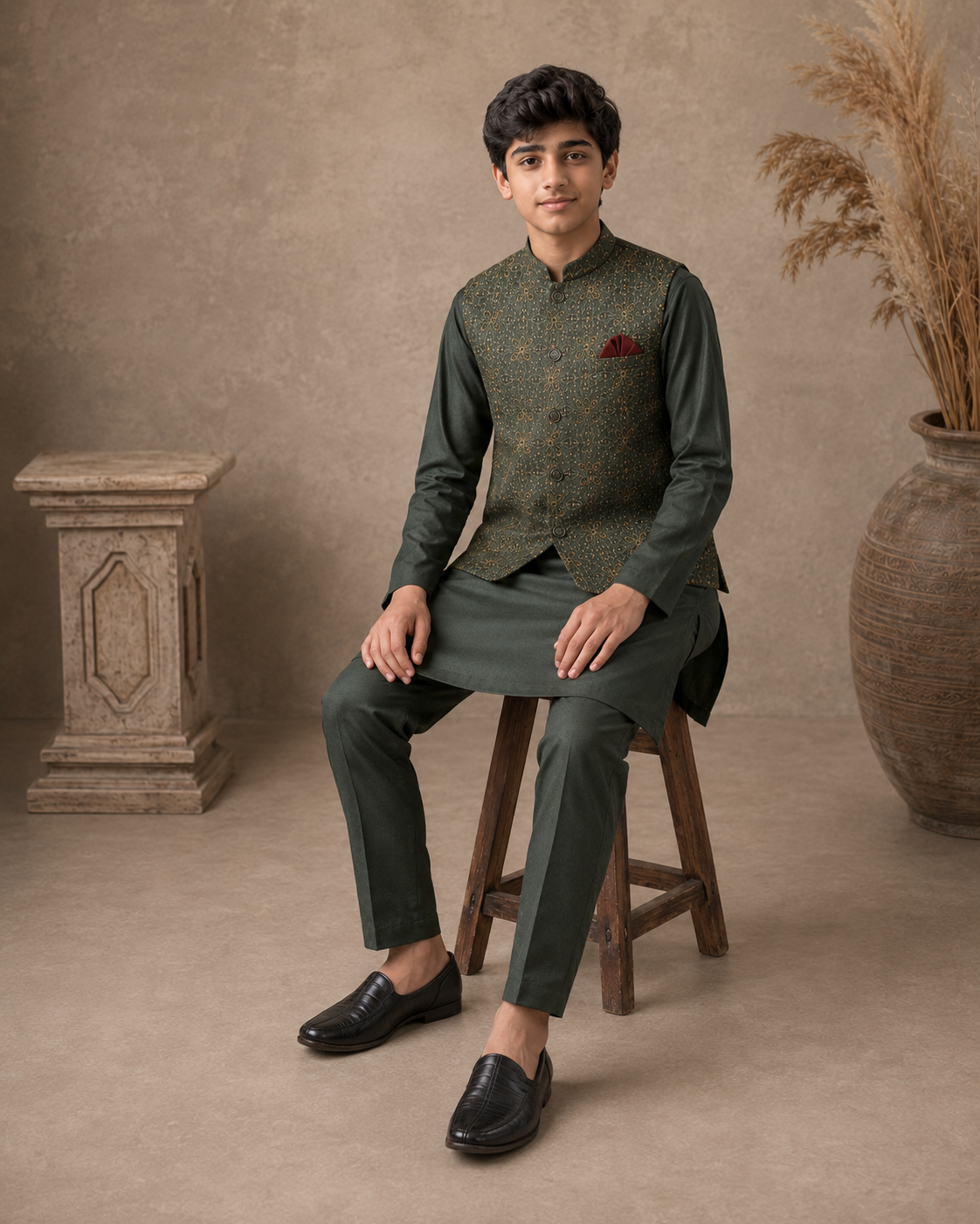 Royal Crest Embroidered Waistcoat Set With 3 Piece Kurta Pajama