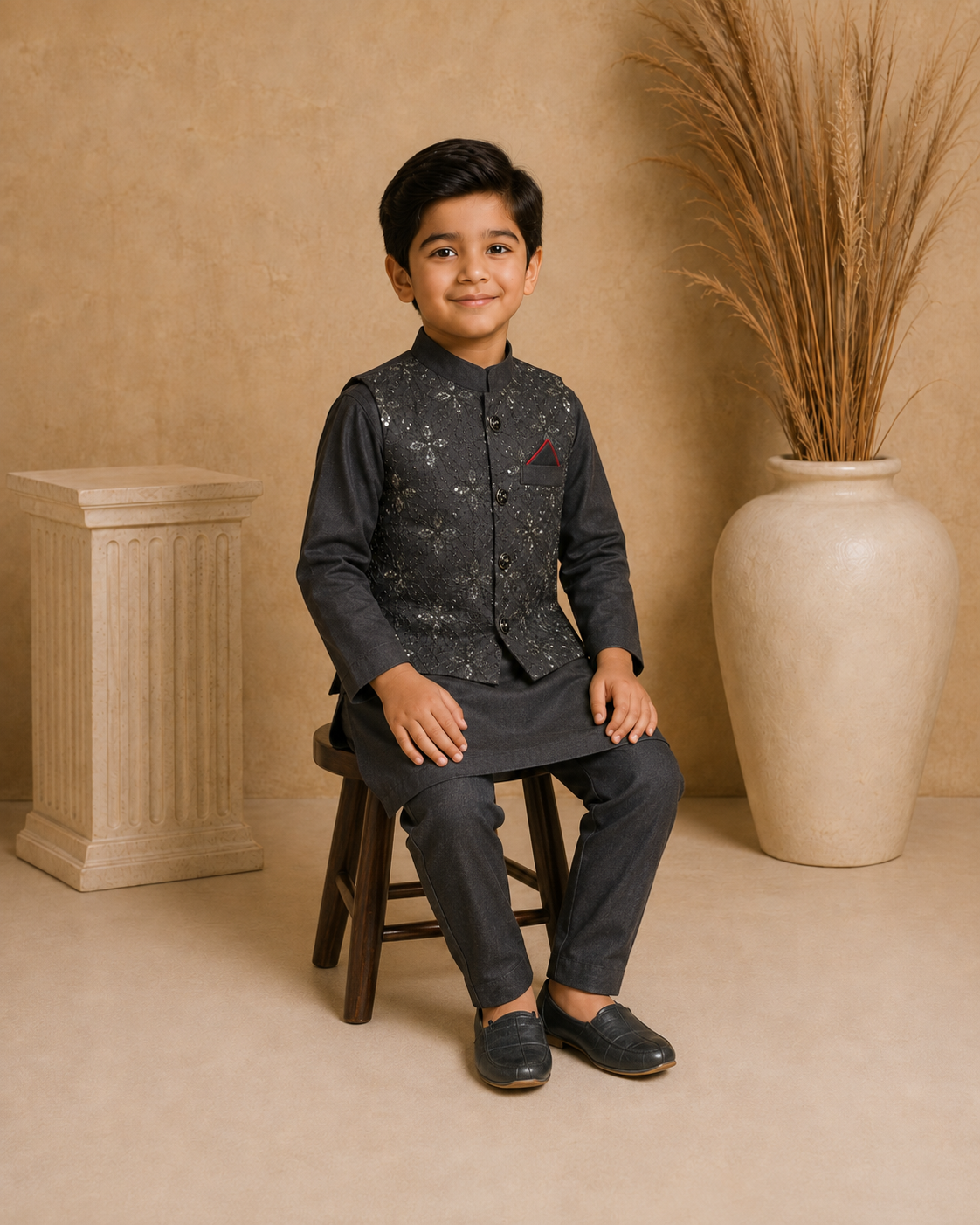 Royal Crest Embroidered Waistcoat Set With 3 Piece Kurta Pajama
