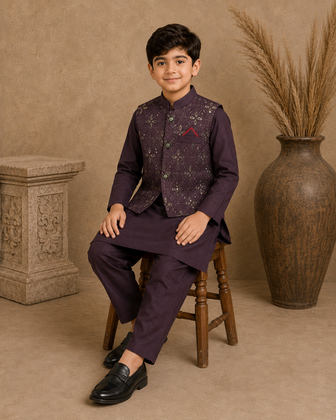 Royal Crest Embroidered Waistcoat Set With 3 Piece Kurta Pajama