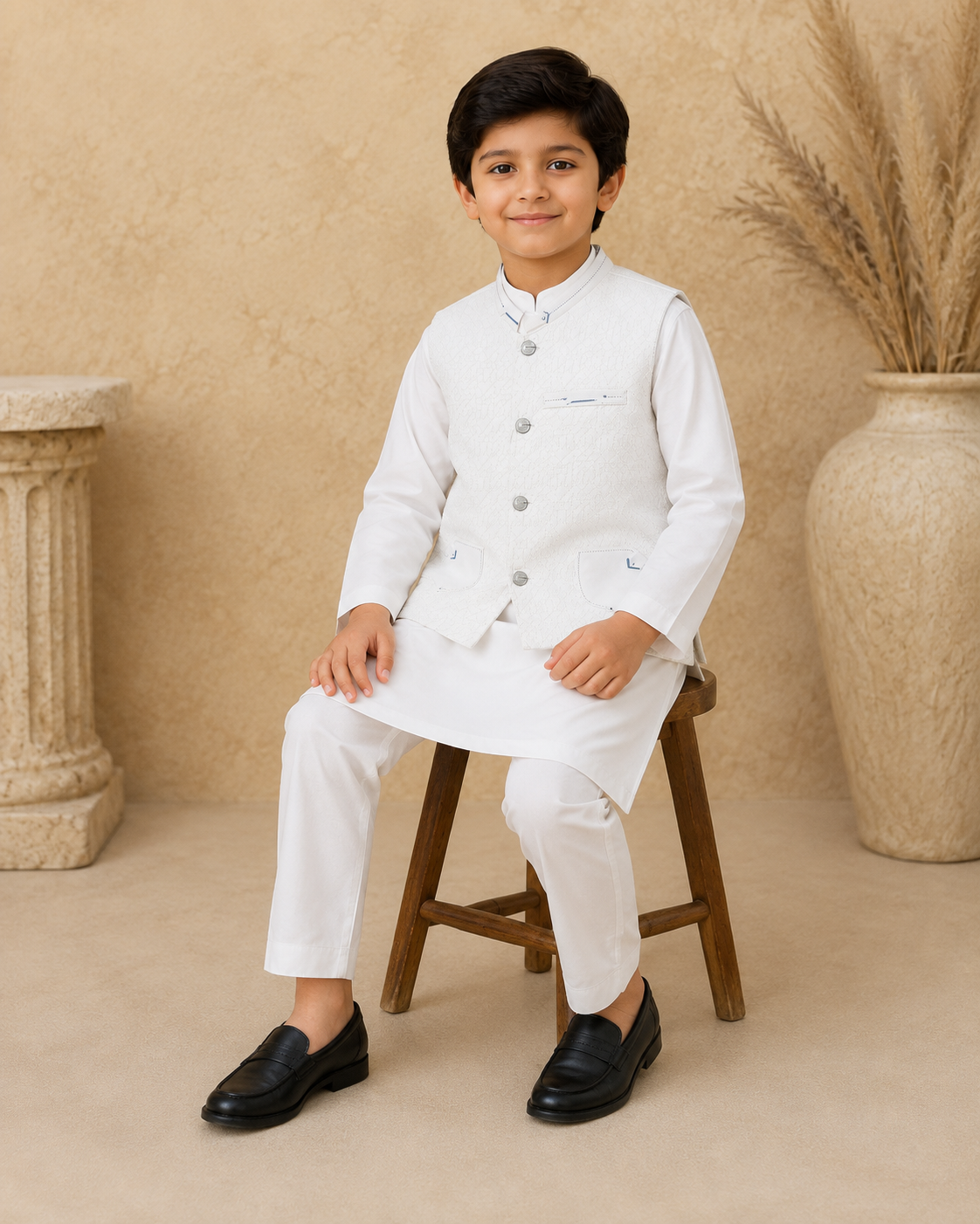 Regal Weave Classic White Tailored Waistcoat Set With 3 Piece Kurta Set Pajama