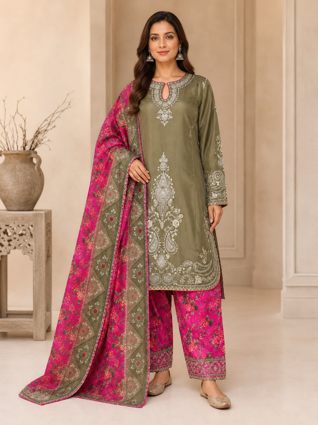 Green 3-Piece Embroidered Viscose Suit