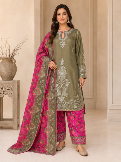 Green 3-Piece Embroidered Viscose Suit