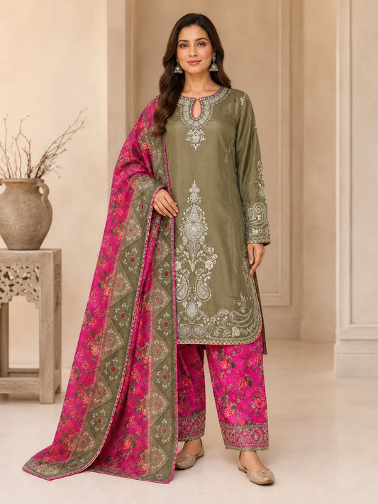 Green 3-Piece Embroidered Viscose Suit