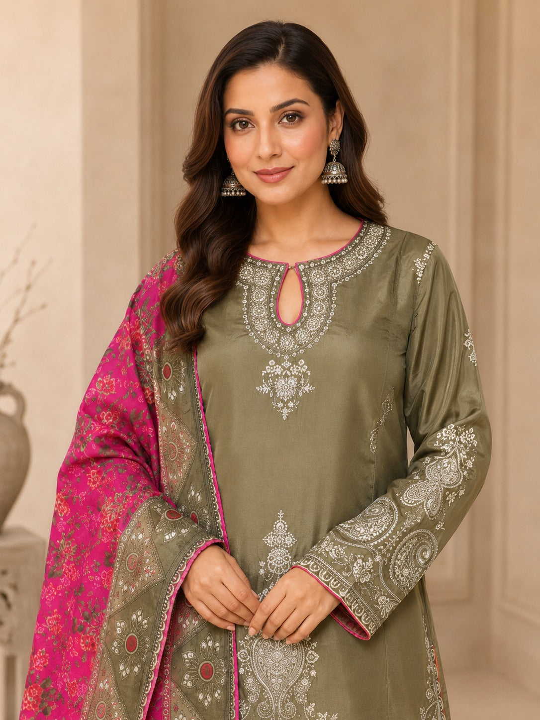 Green 3-Piece Embroidered Viscose Suit