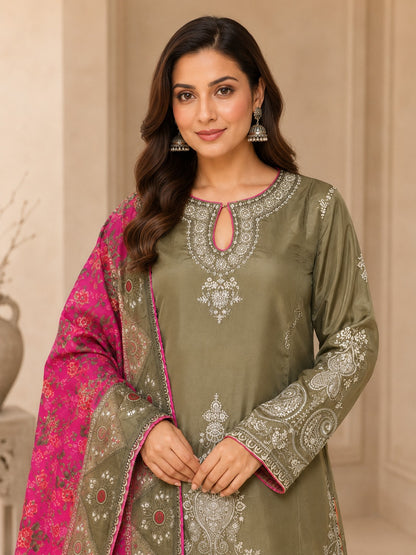 Green 3-Piece Embroidered Viscose Suit