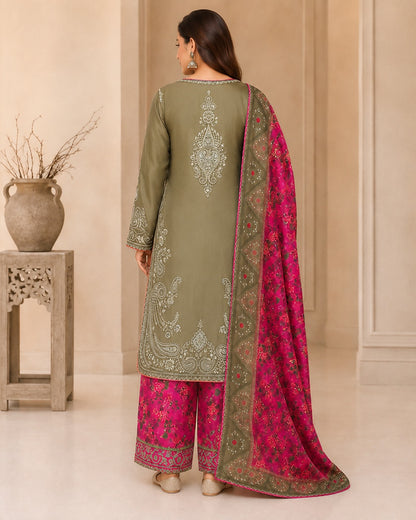 Green 3-Piece Embroidered Viscose Suit