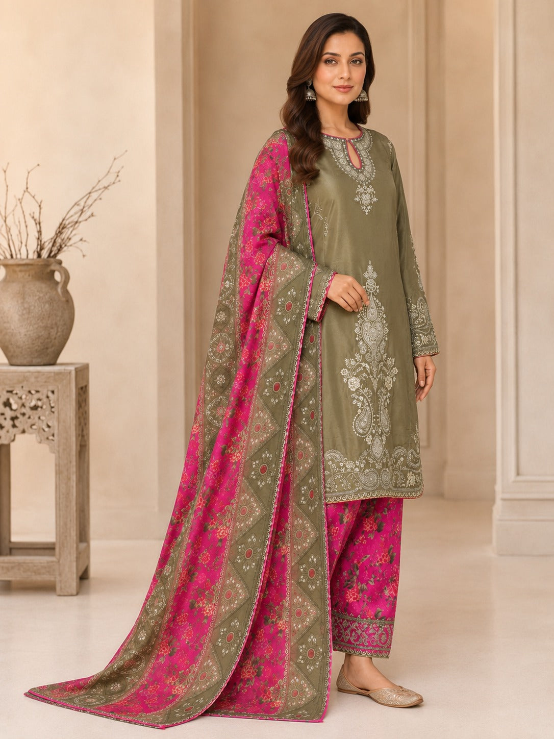 Green 3-Piece Embroidered Viscose Suit