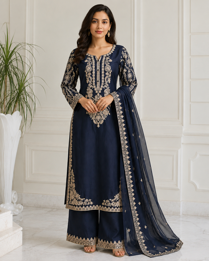 Navy Blue Elara Embroidered Viscose 3-Piece Suit