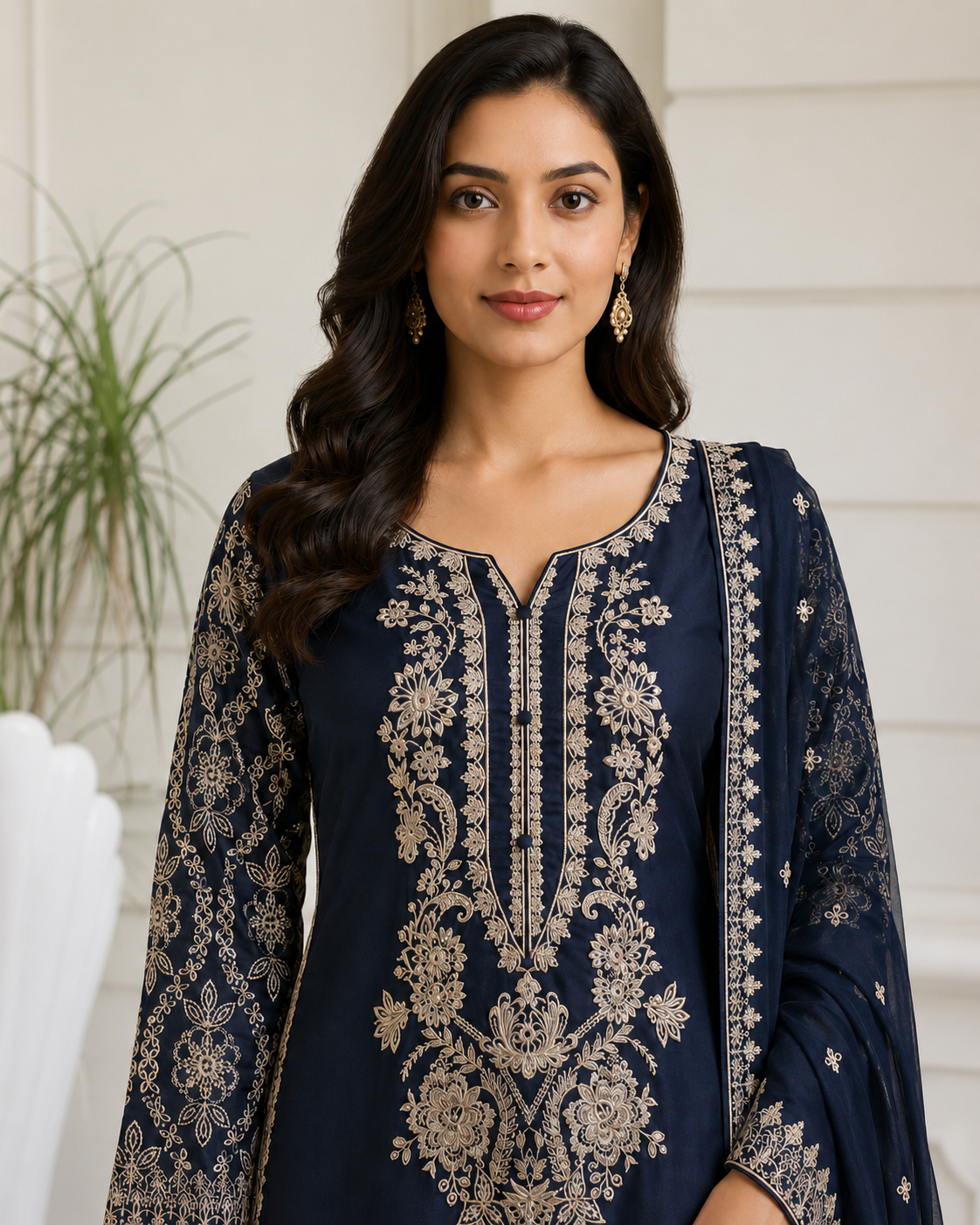 Navy Blue Elara Embroidered Viscose 3-Piece Suit