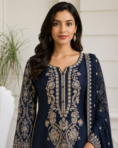 Navy Blue Elara Embroidered Viscose 3-Piece Suit