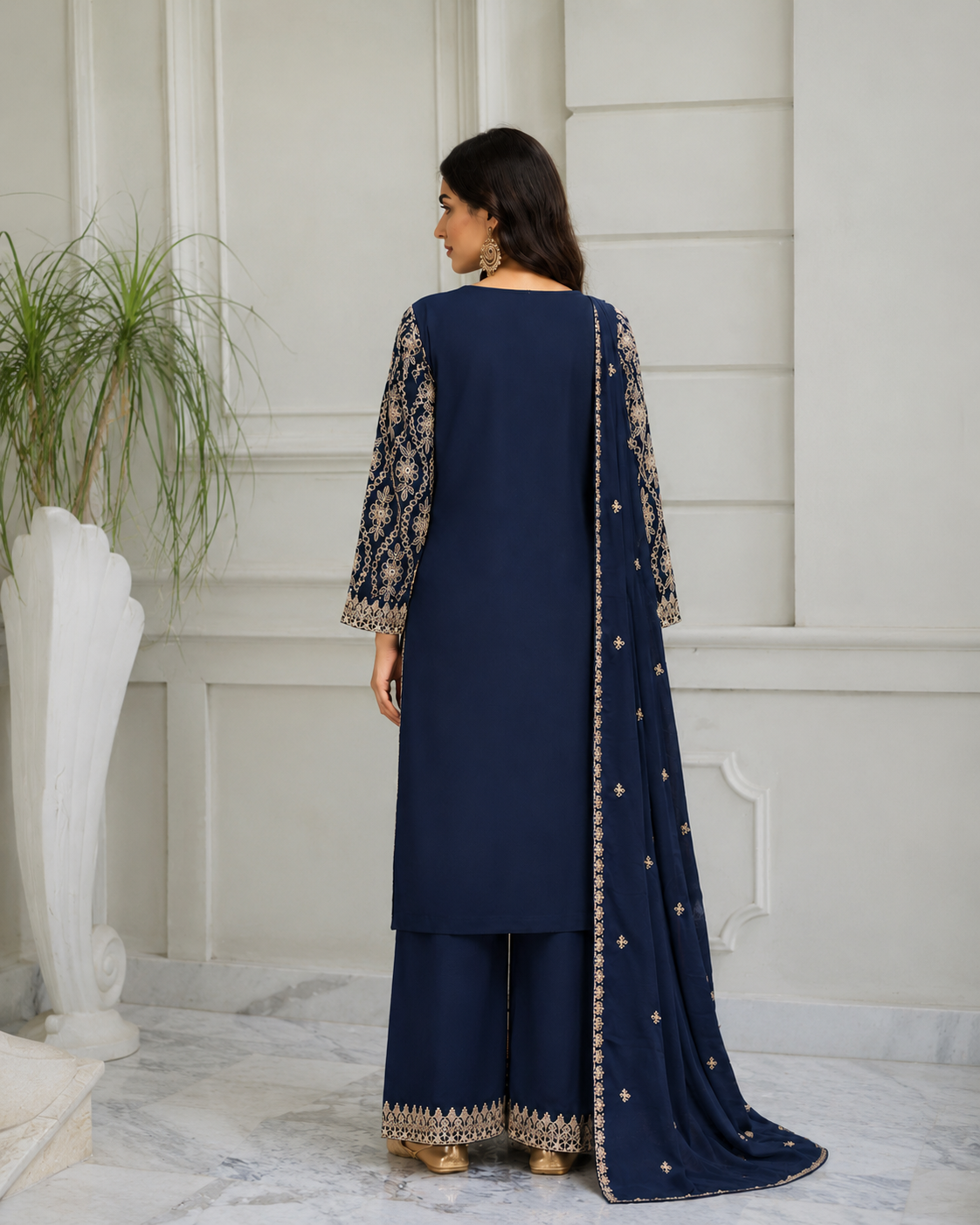 Navy Blue Elara Embroidered Viscose 3-Piece Suit