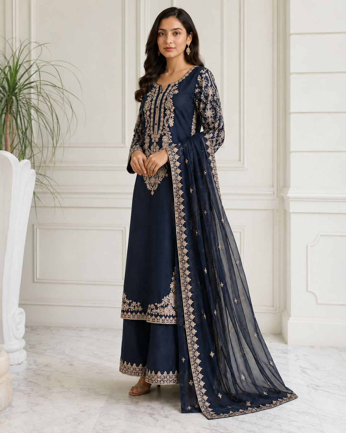 Navy Blue Elara Embroidered Viscose 3-Piece Suit