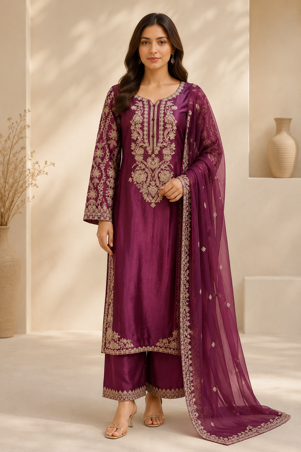 Maroon Royal Grace Embroidered Viscose 3-Piece Suit