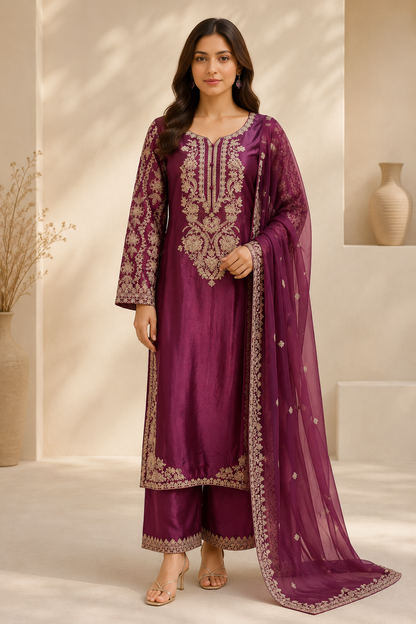 Maroon Royal Grace Embroidered Viscose 3-Piece Suit
