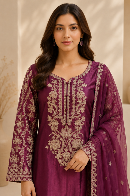 Maroon Royal Grace Embroidered Viscose 3-Piece Suit