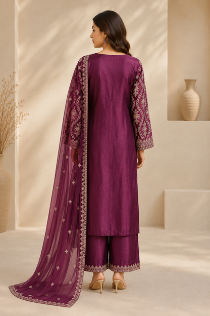 Maroon Royal Grace Embroidered Viscose 3-Piece Suit