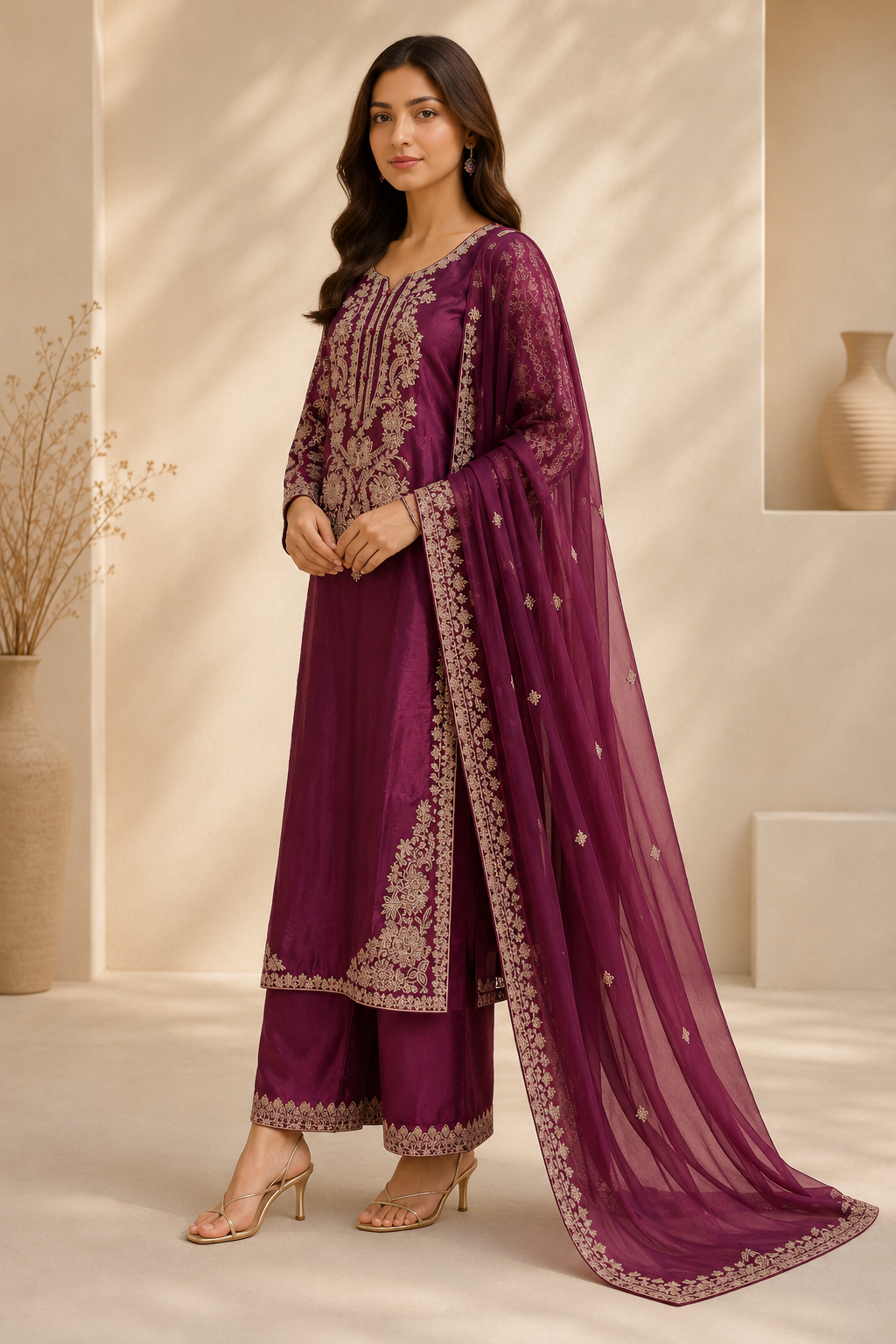 Maroon Royal Grace Embroidered Viscose 3-Piece Suit