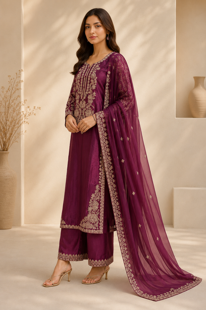 Maroon Royal Grace Embroidered Viscose 3-Piece Suit