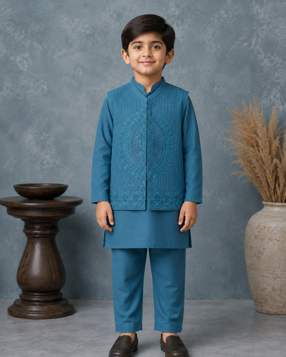 Teal Blue Embroidered Waistcoat Set with Matching Kurta Pajama
