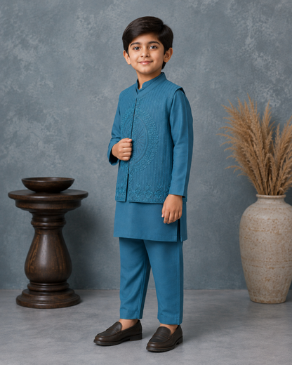 Teal Blue Embroidered Waistcoat Set with Matching Kurta Pajama