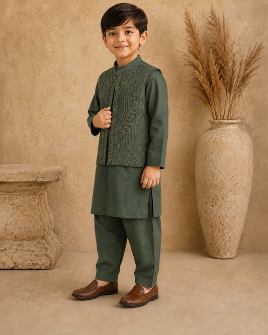 Dark Sage Green Embroidered Waistcoat Set with Matching Kurta Pajama
