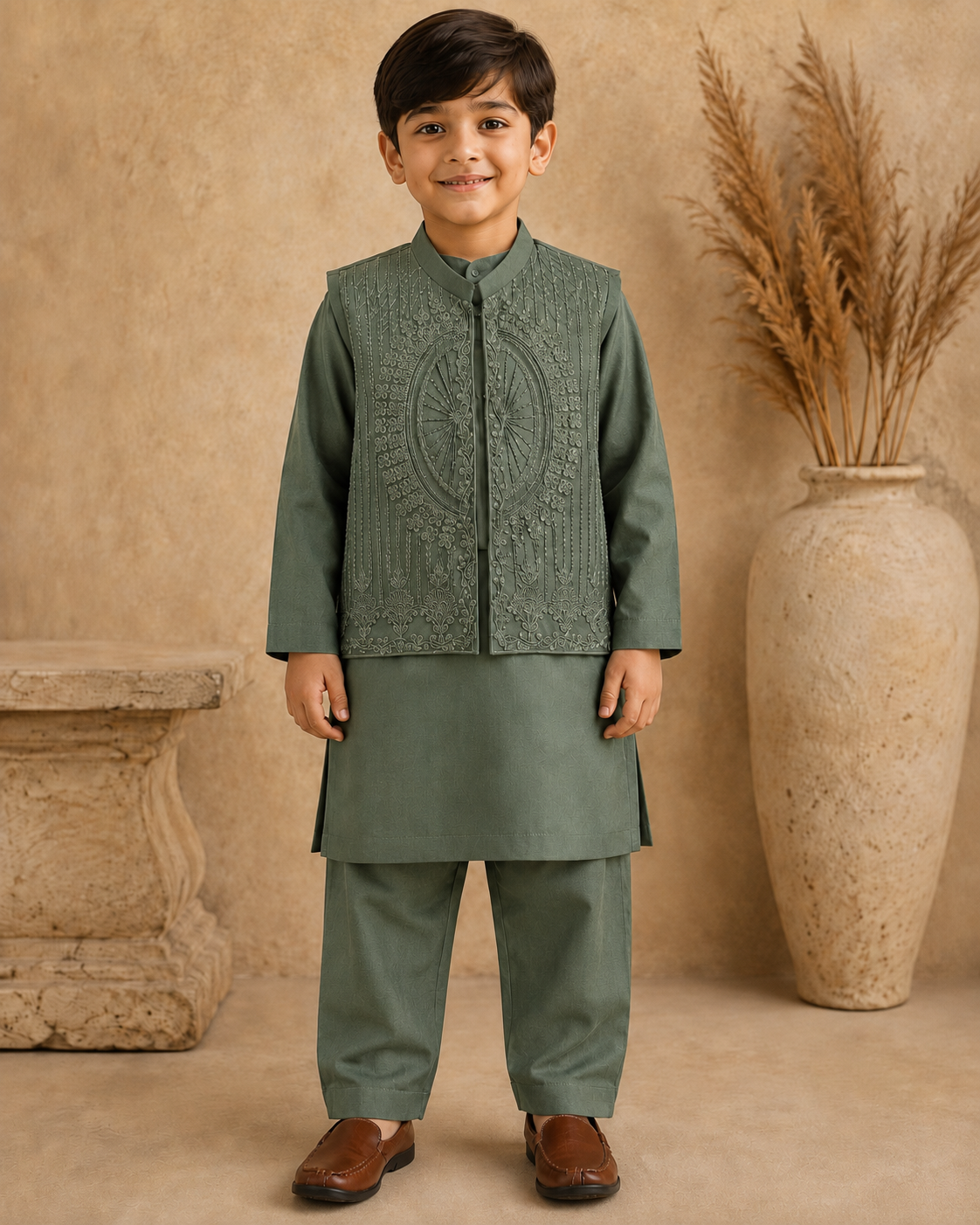 Dark Sage Green Embroidered Waistcoat Set with Matching Kurta Pajama