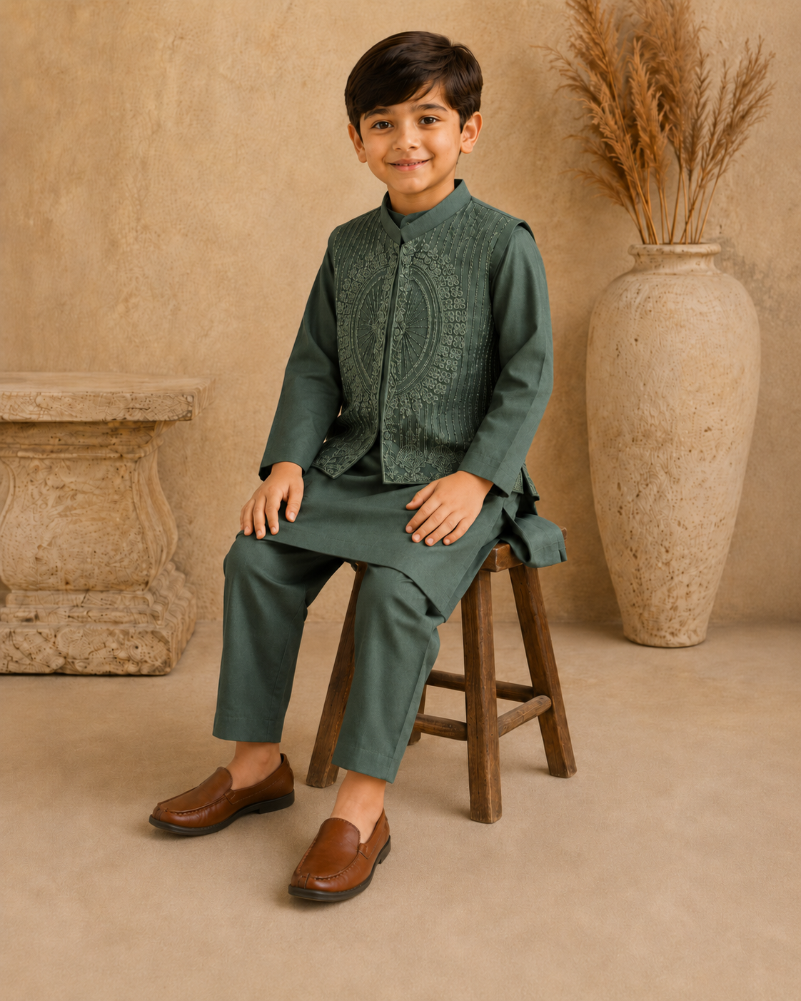 Dark Sage Green Embroidered Waistcoat Set with Matching Kurta Pajama