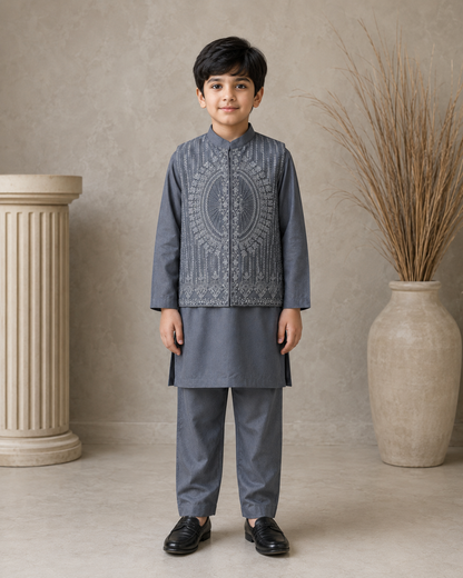 Slate Grey Embroidered Waistcoat Set with Matching Kurta Pajama