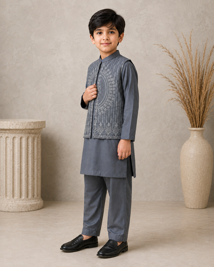 Slate Grey Embroidered Waistcoat Set with Matching Kurta Pajama