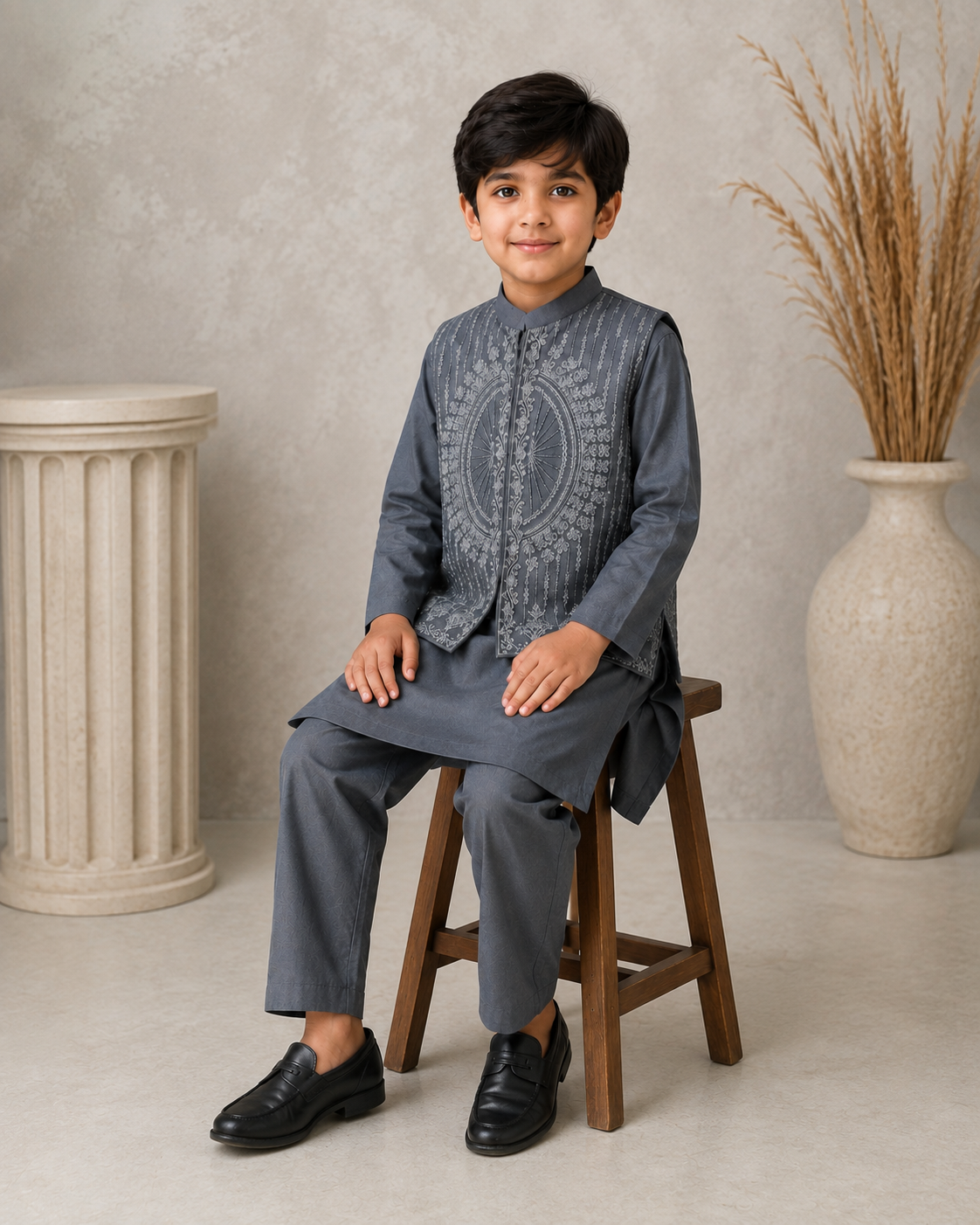 Slate Grey Embroidered Waistcoat Set with Matching Kurta Pajama