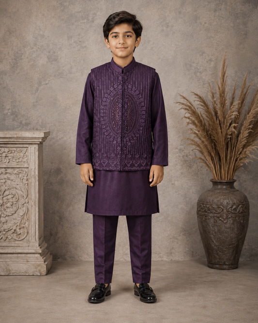 Royal Plum Embroidered Waistcoat Set with Matching Kurta Pajama