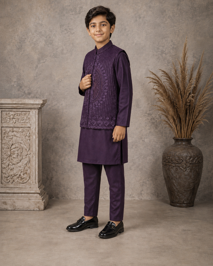 Royal Plum Embroidered Waistcoat Set with Matching Kurta Pajama