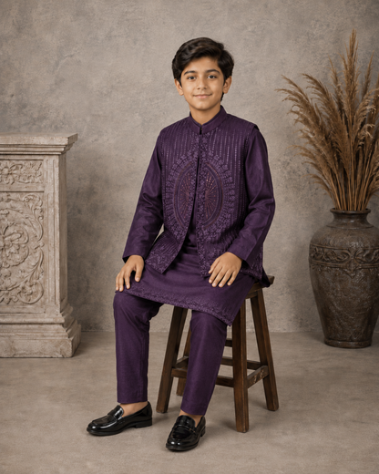 Royal Plum Embroidered Waistcoat Set with Matching Kurta Pajama