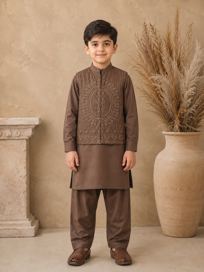 Mocha Brown Embroidered Waistcoat Set with Matching Kurta Pajama