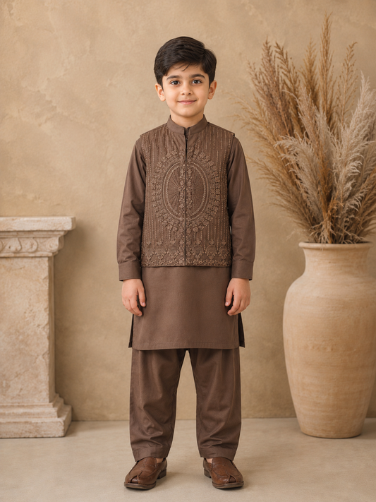Mocha Brown Embroidered Waistcoat Set with Matching Kurta Pajama