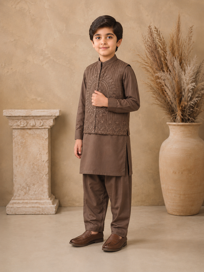 Mocha Brown Embroidered Waistcoat Set with Matching Kurta Pajama