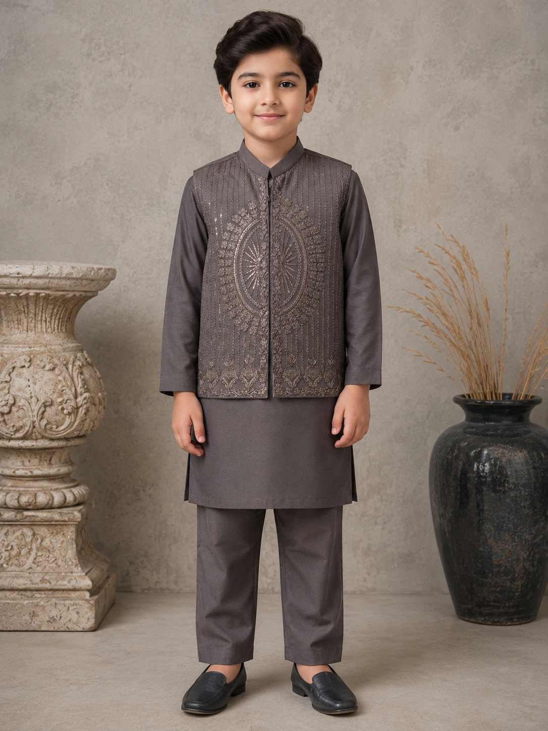 Smoky Taupe Embroidered Waistcoat Set  with Matching Kurta Pajama