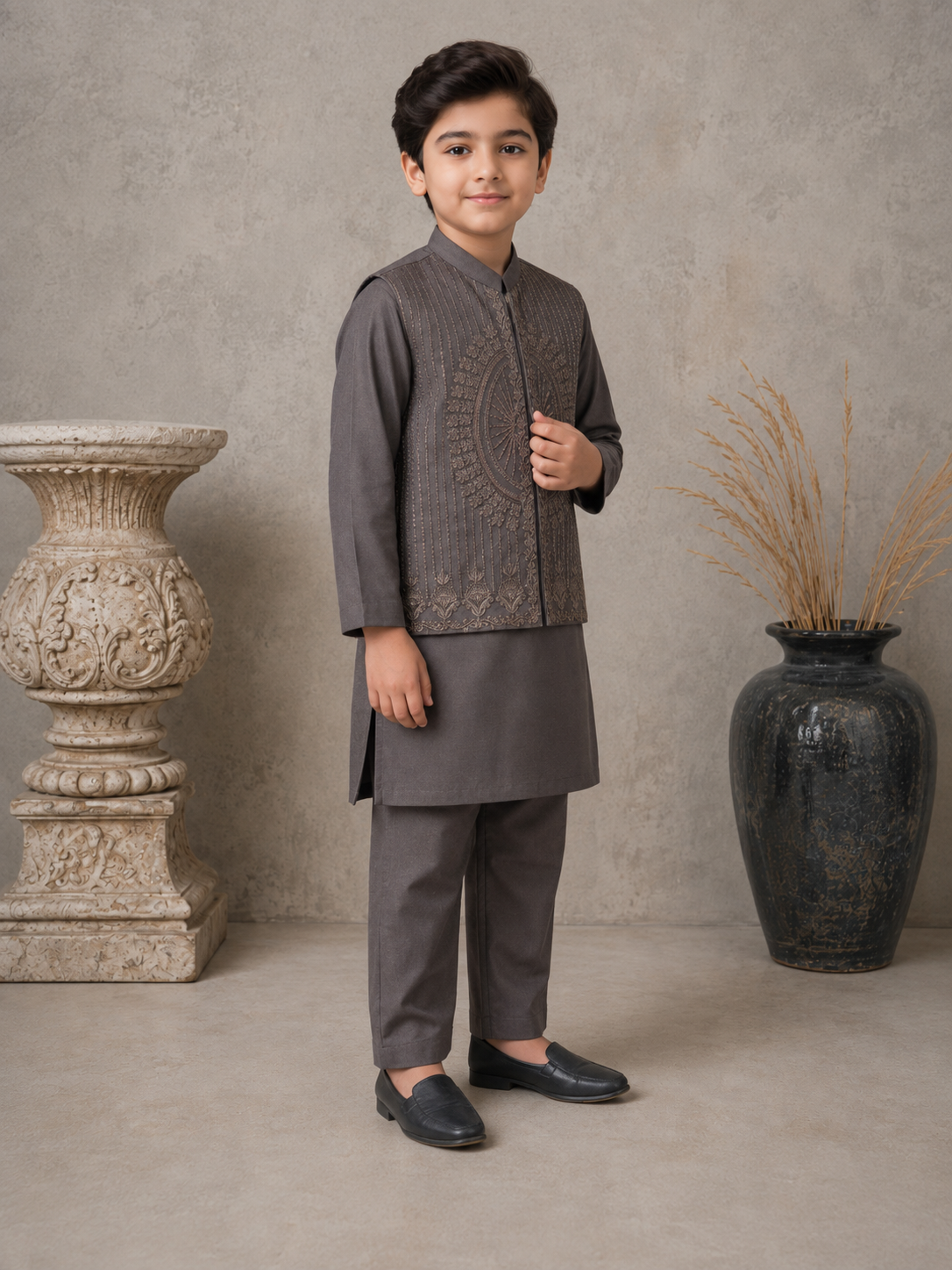 Smoky Taupe Embroidered Waistcoat Set  with Matching Kurta Pajama
