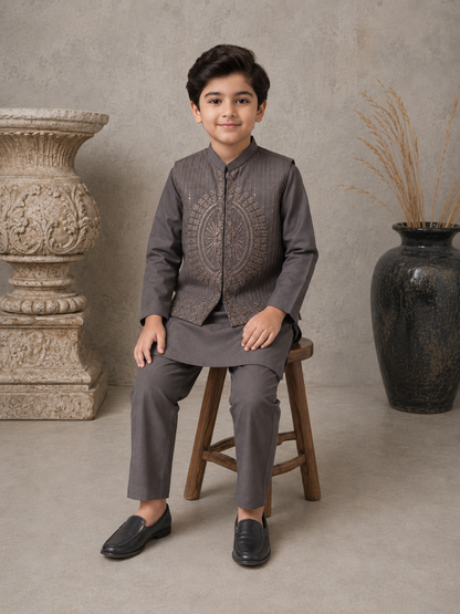 Smoky Taupe Embroidered Waistcoat Set  with Matching Kurta Pajama