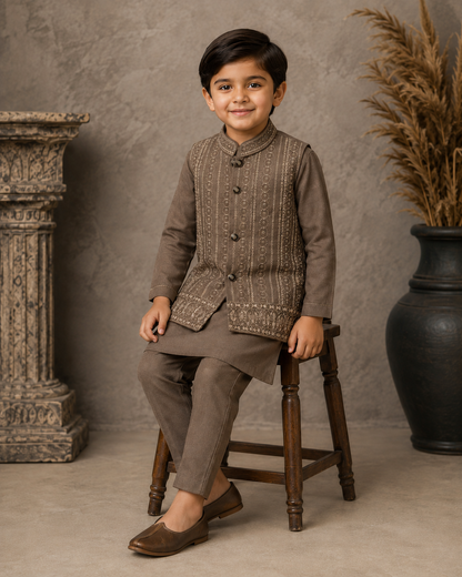 Mughal Medallion Embroidered Waistcoat Set with Matching Kurta Pajama