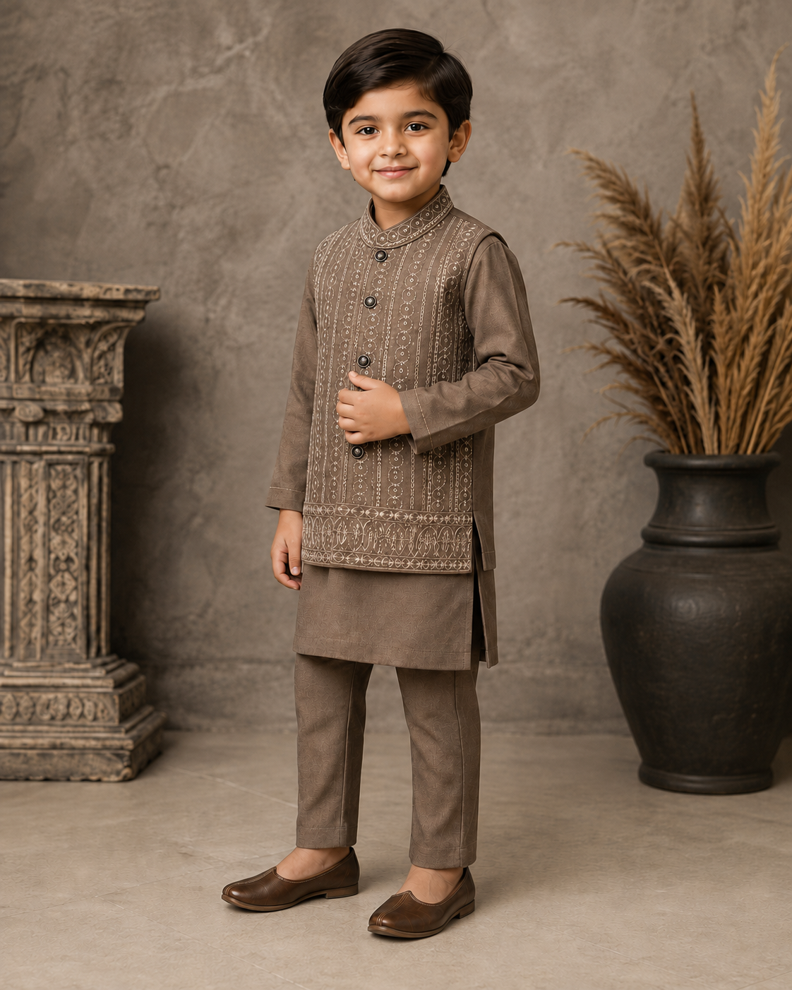 Mughal Medallion Embroidered Waistcoat Set with Matching Kurta Pajama