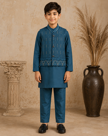 Mughal Medallion Embroidered Waistcoat Set with Matching Kurta Pajama