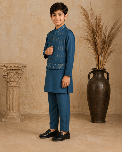 Mughal Medallion Embroidered Waistcoat Set with Matching Kurta Pajama