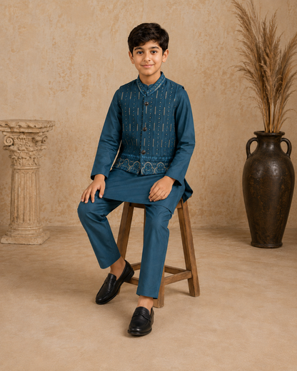 Mughal Medallion Embroidered Waistcoat Set with Matching Kurta Pajama